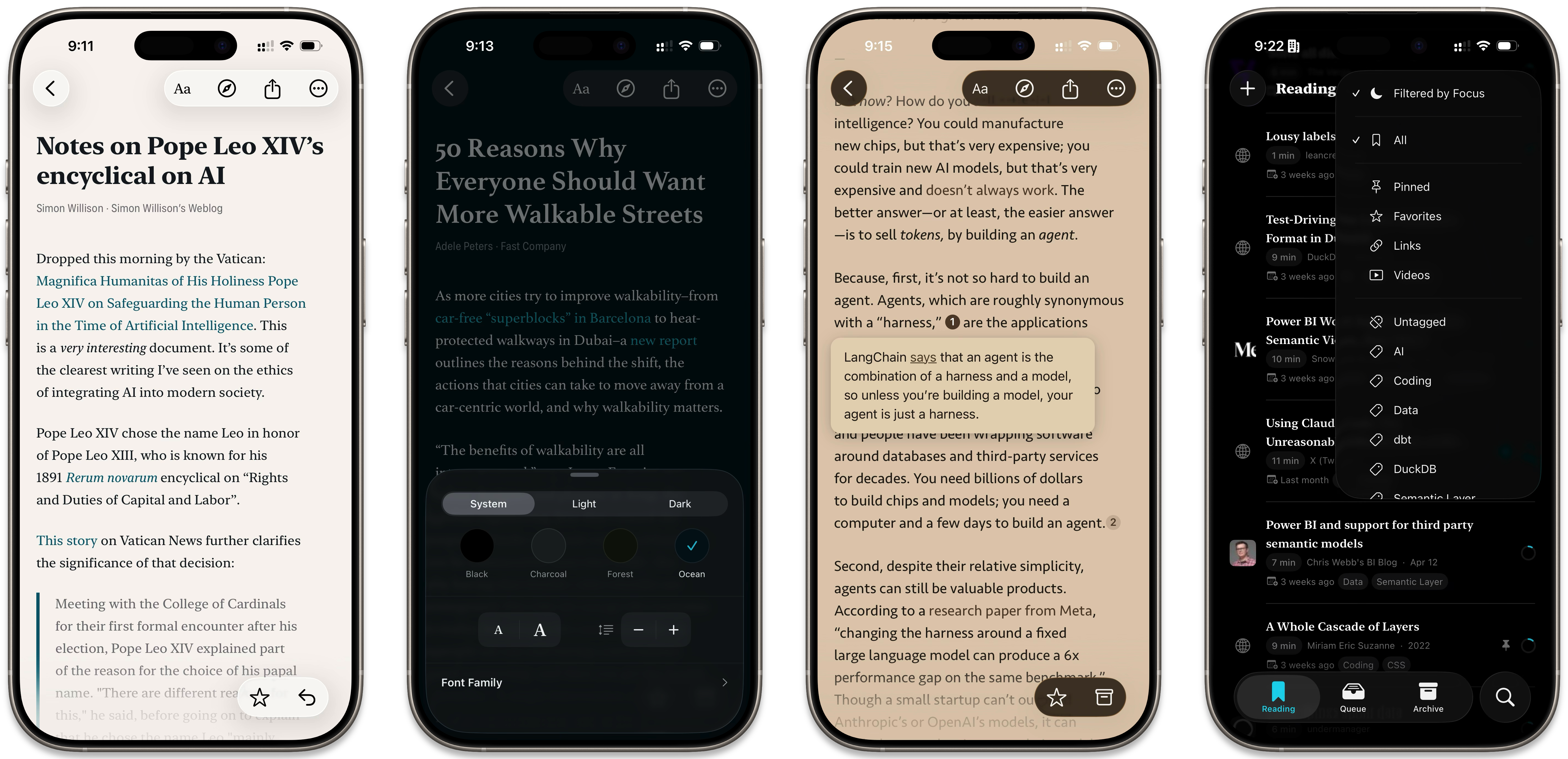 A series of screenshots demonstrating themes, footnotes, and the Focus filter.