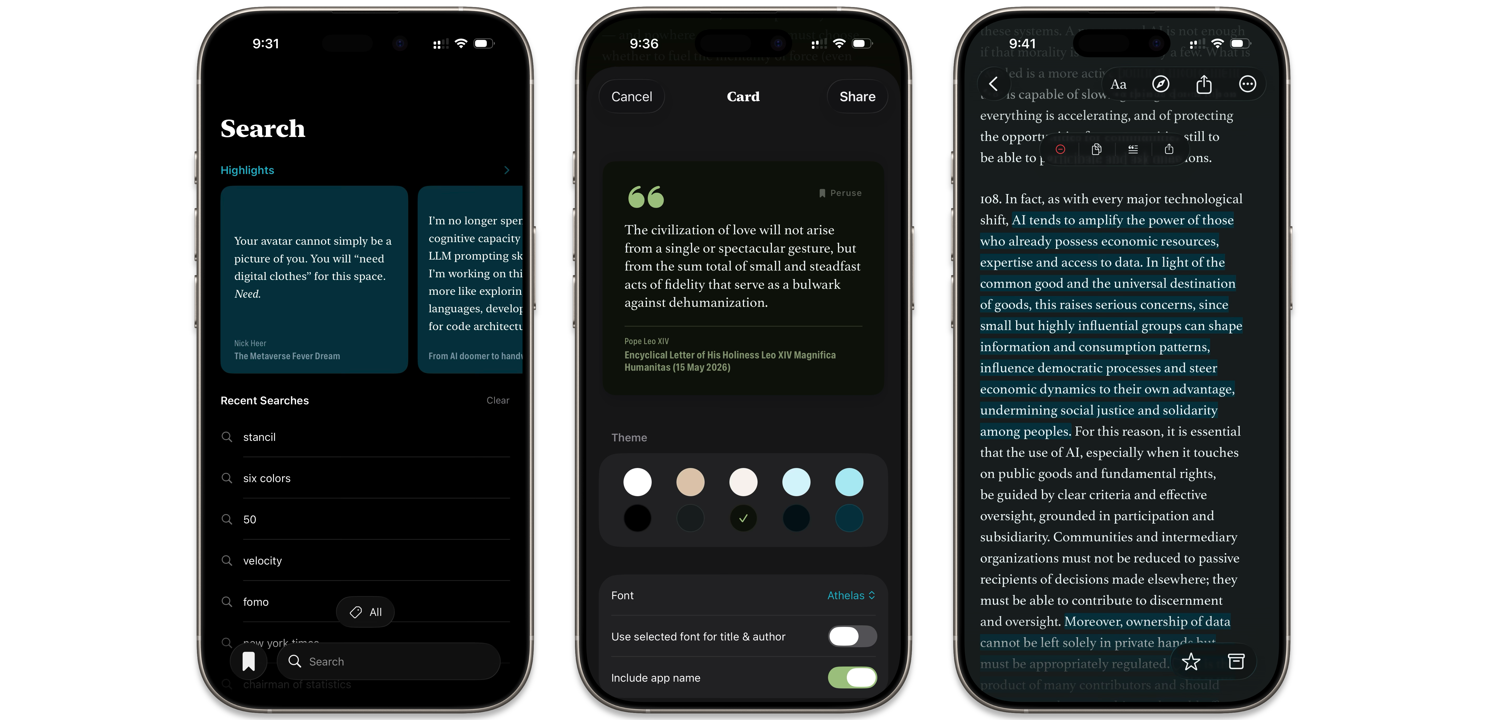 Screenshots showing the Highlights carousel in the Search tab, the interface for sharing a highlight as an image, and highlights in an article.